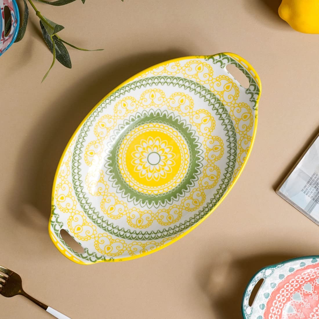 Nestasia Yellow and Green Mandala Ceramic Long Dish with Handles for Serving Snacks, Appetizers, Salads, and Noodles| Microwave
